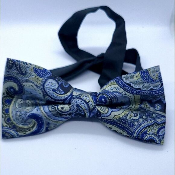 New Bow Tie Pocket Square 2pc Set Navy Gray Paisley Wedding Formal Prom Tuxedo - Picture 7 of 8